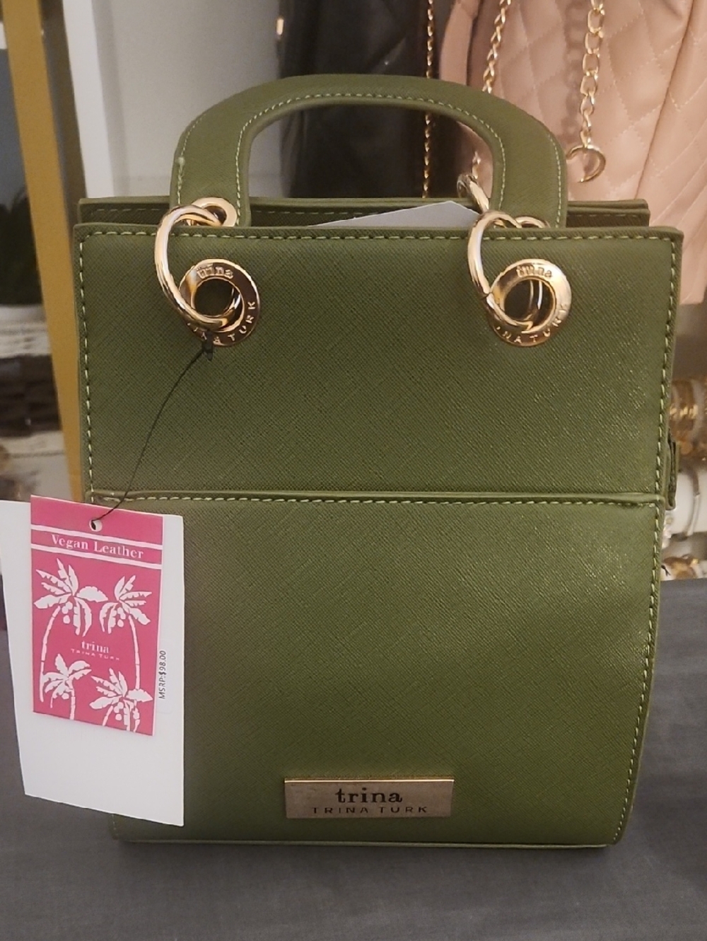 Trina Turk Olive Green Vegan Leather Mini Top-Handle Bag
